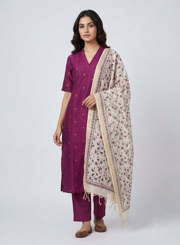 Magenta Butta Jamdani Kurta Set with Kalamkari Dupatta