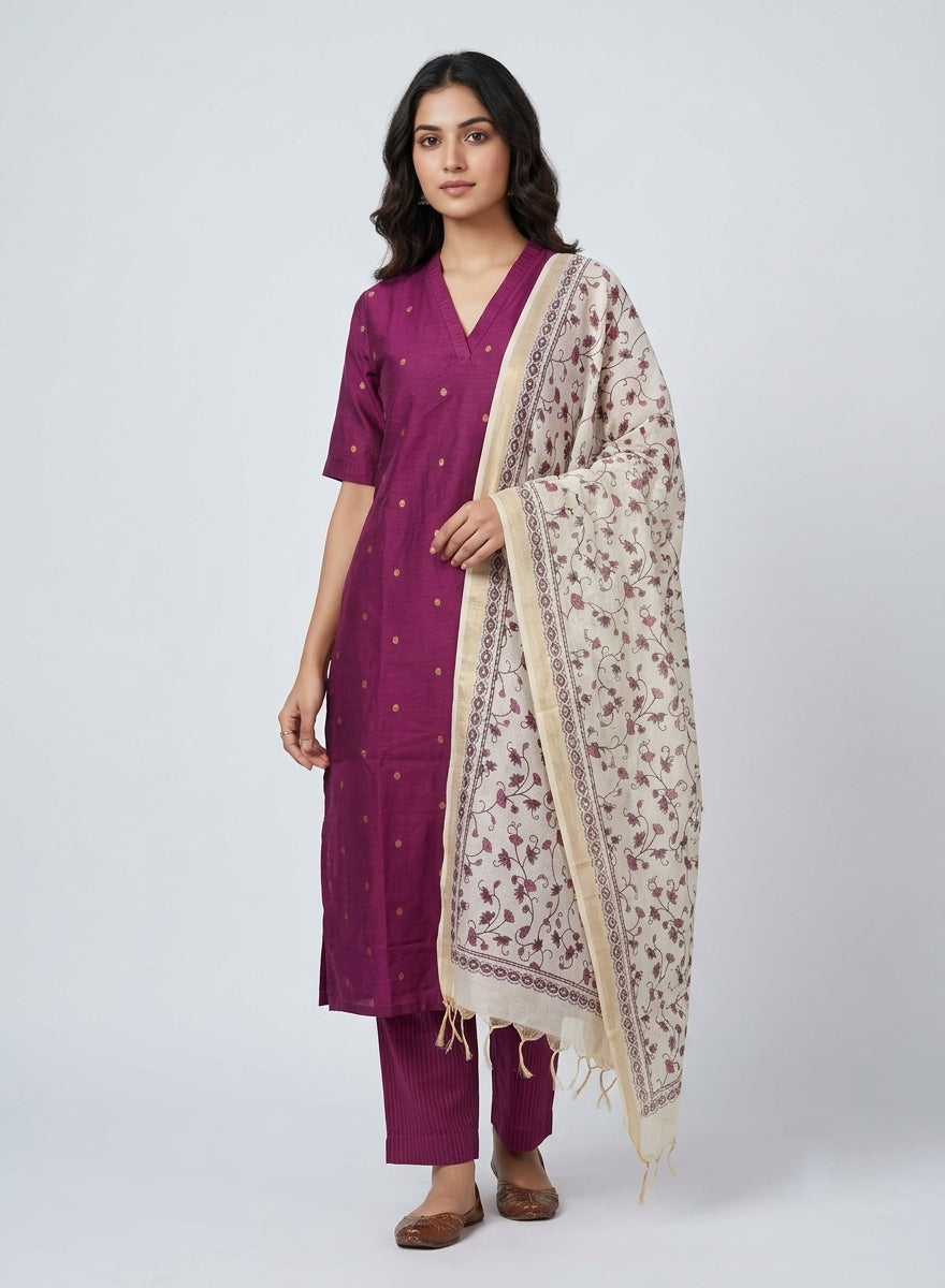 Magenta Butta Jamdani Kurta Set with Kalamkari Dupatta