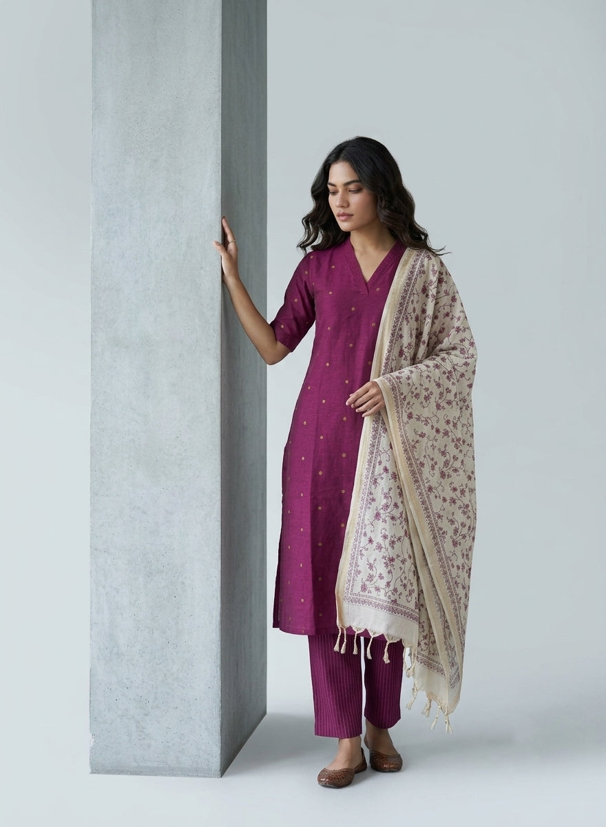 Magenta Butta Jamdani Kurta Set with Kalamkari Dupatta