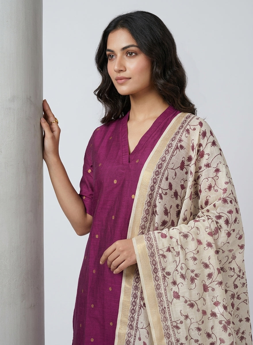 Magenta Butta Jamdani Kurta Set with Kalamkari Dupatta