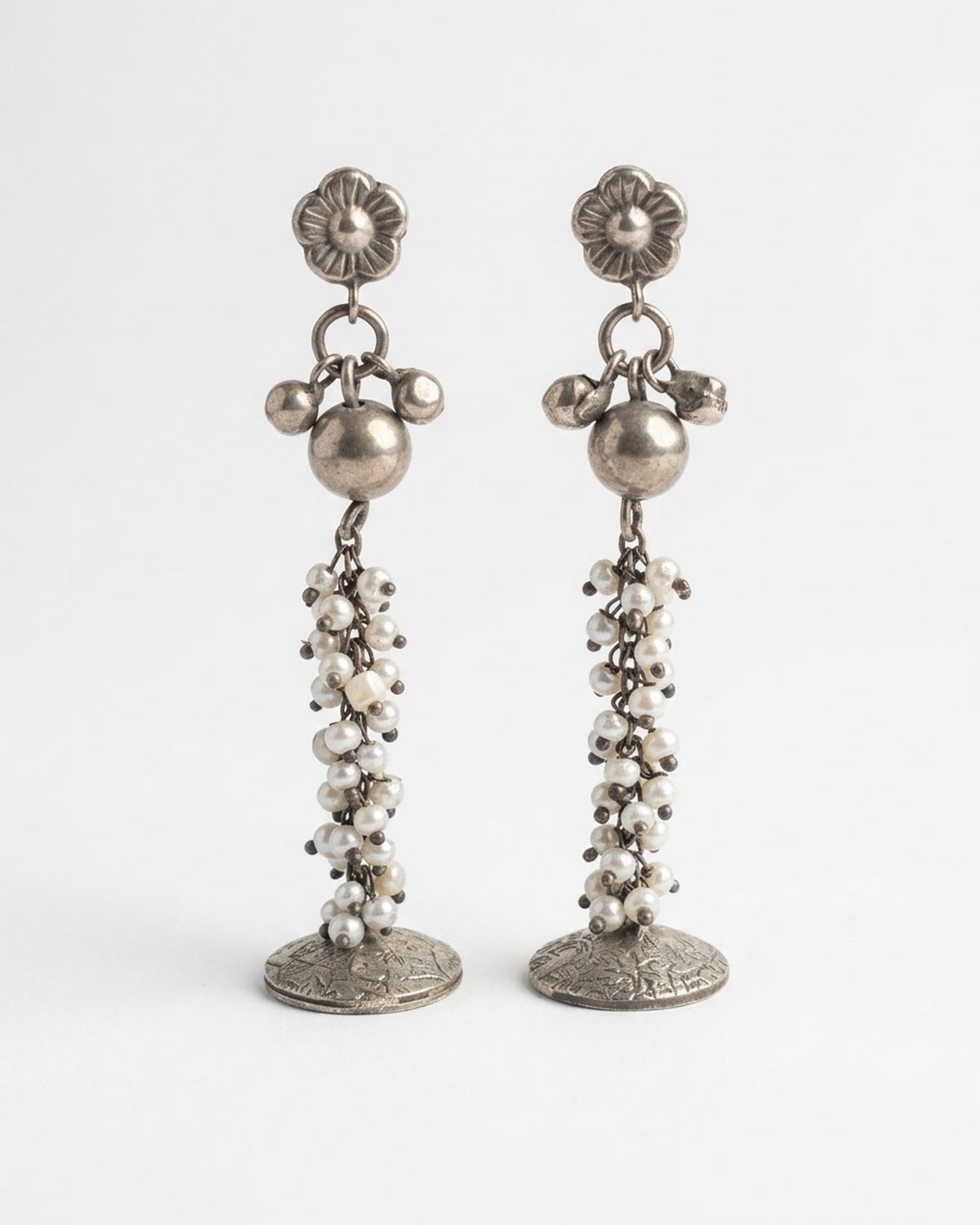 Mallika Oxidized Silver Floral Pearl Tassel Earrings