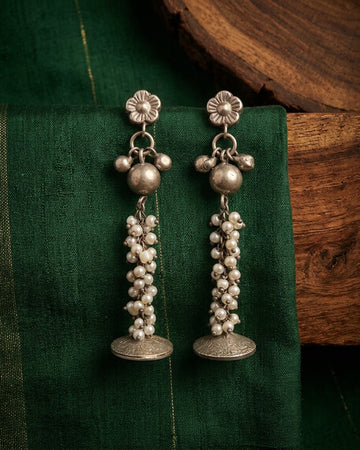 Mallika Oxidized Silver Floral Pearl Tassel Earrings
