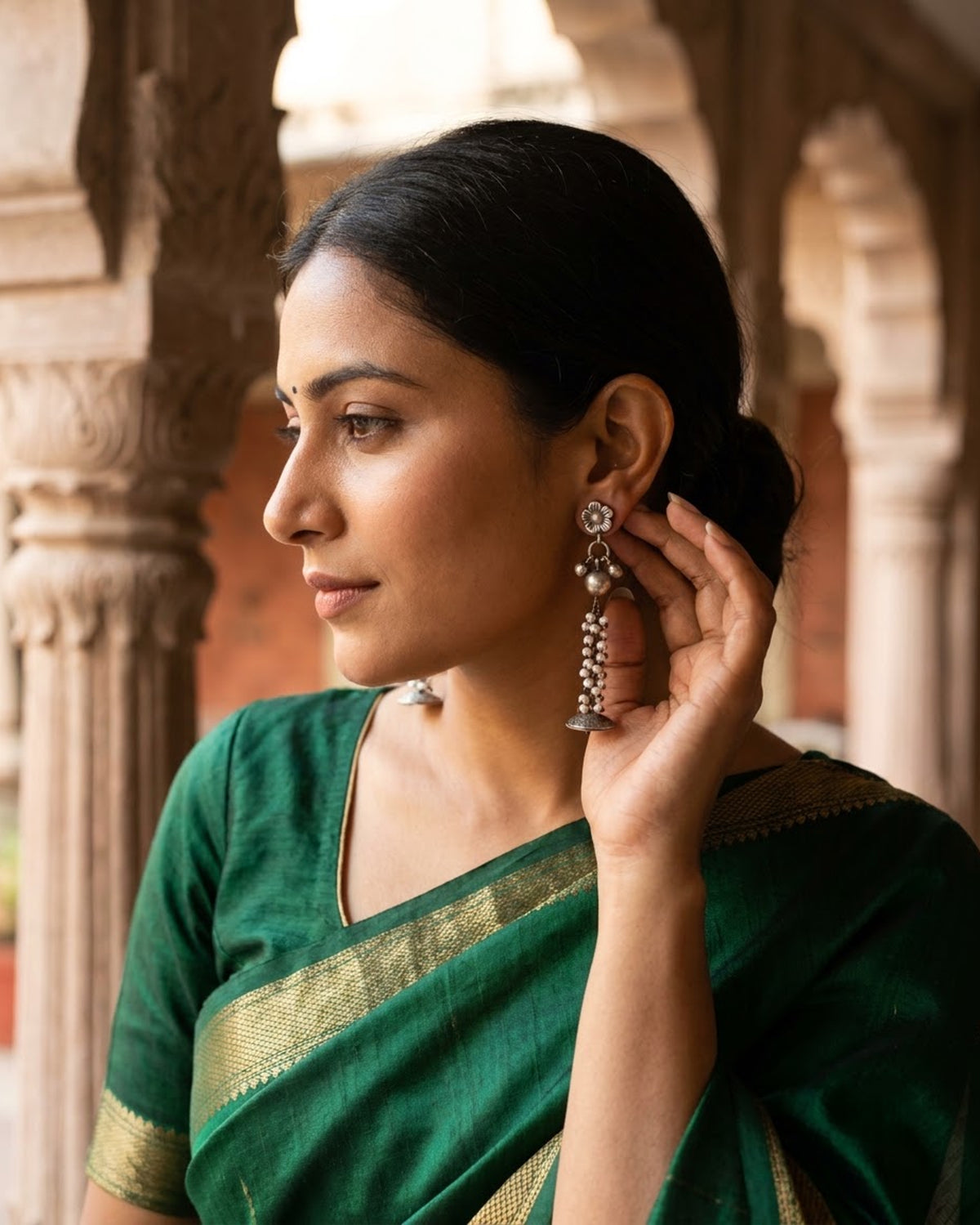 Mallika Oxidized Silver Floral Pearl Tassel Earrings