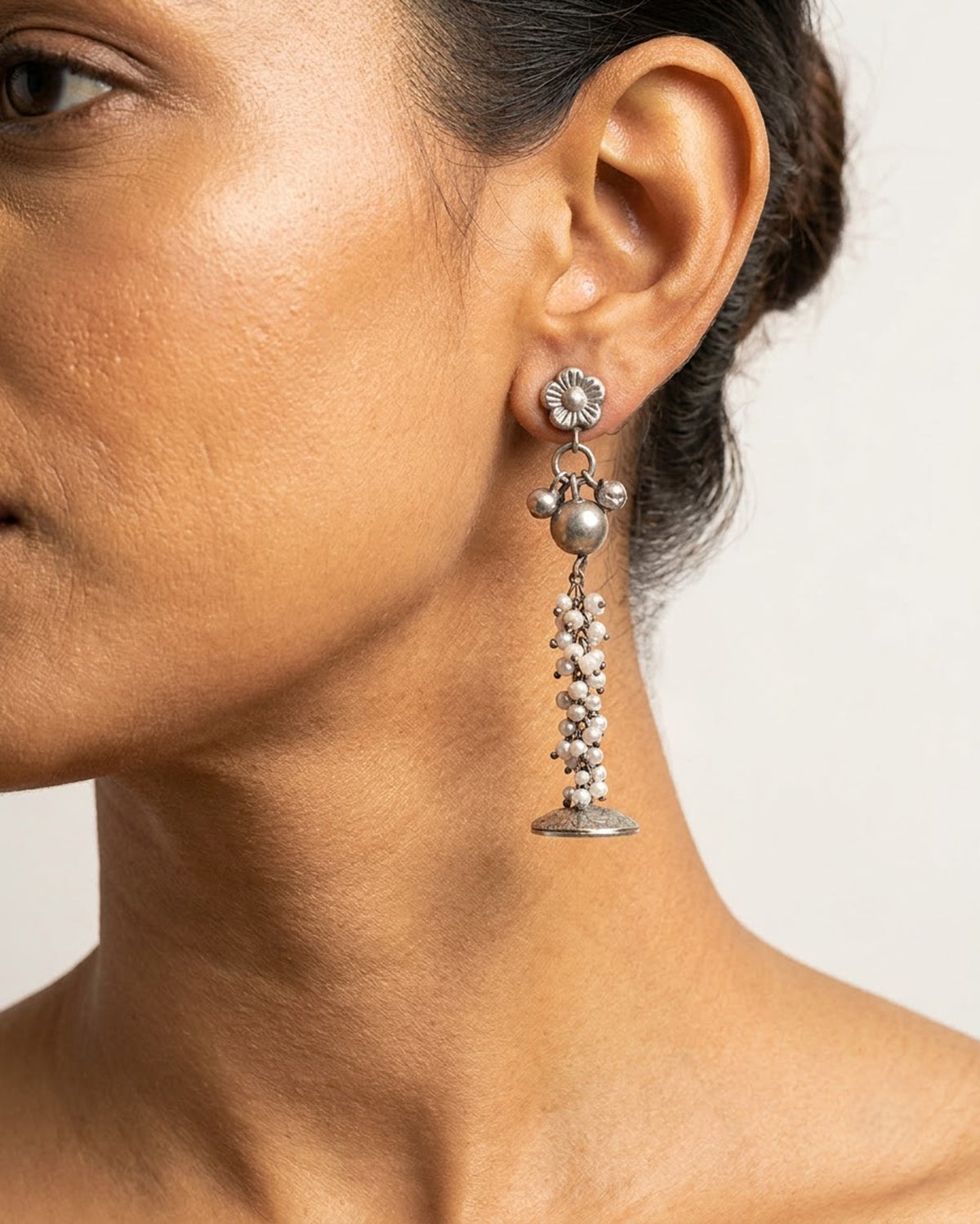 Mallika Oxidized Silver Floral Pearl Tassel Earrings