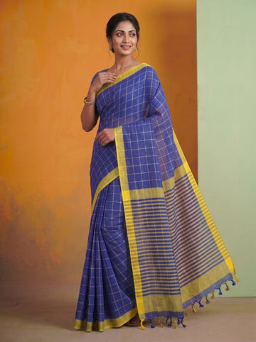 Mangalagiri 80 Count Handloom Cotton Saree - Blue and Yellow