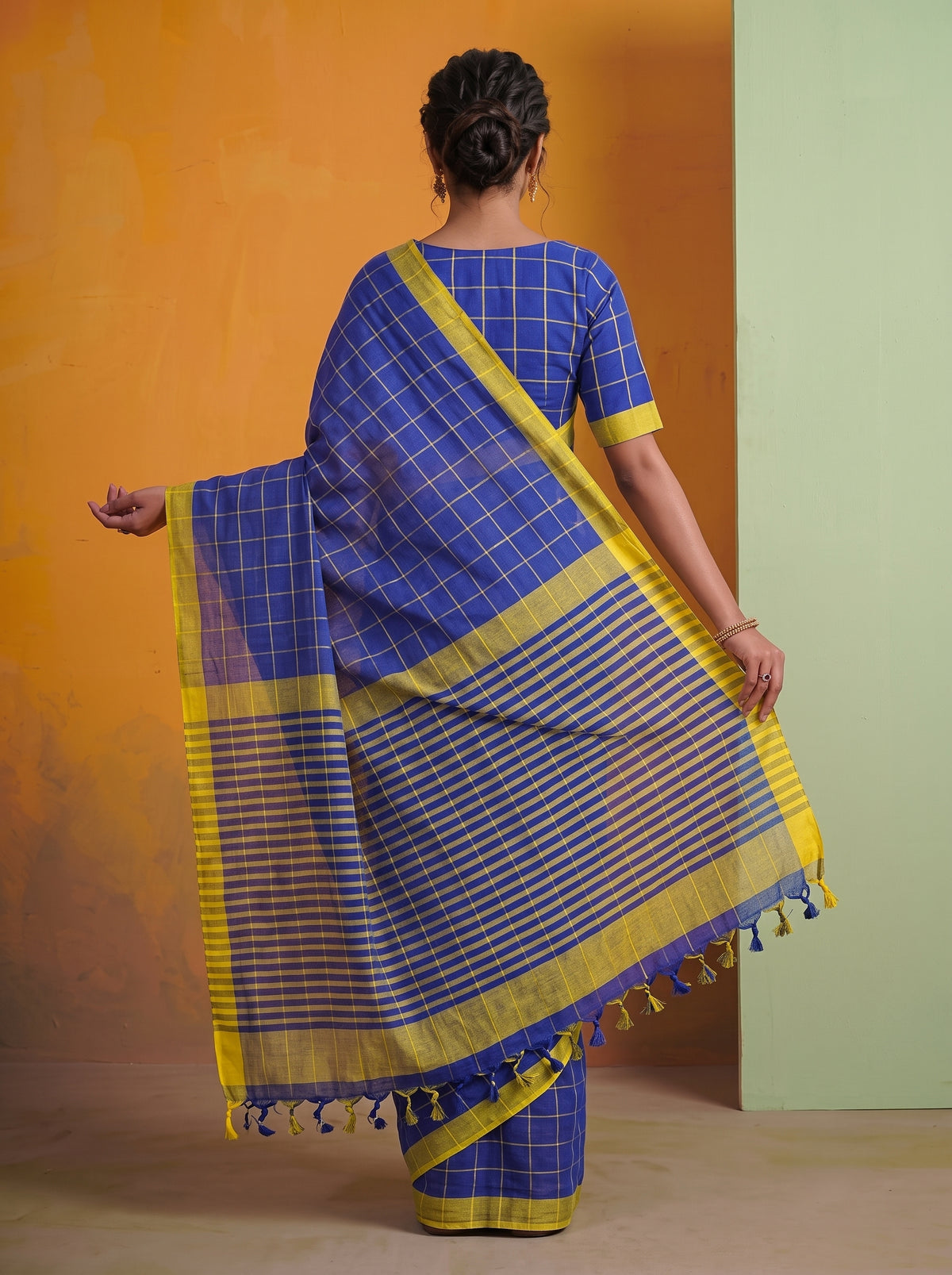 Mangalagiri 80 Count Handloom Cotton Saree - Blue and Yellow