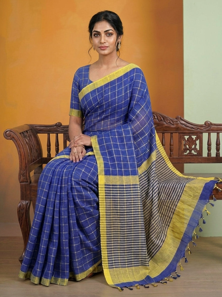 Mangalagiri 80 Count Handloom Cotton Saree - Blue and Yellow