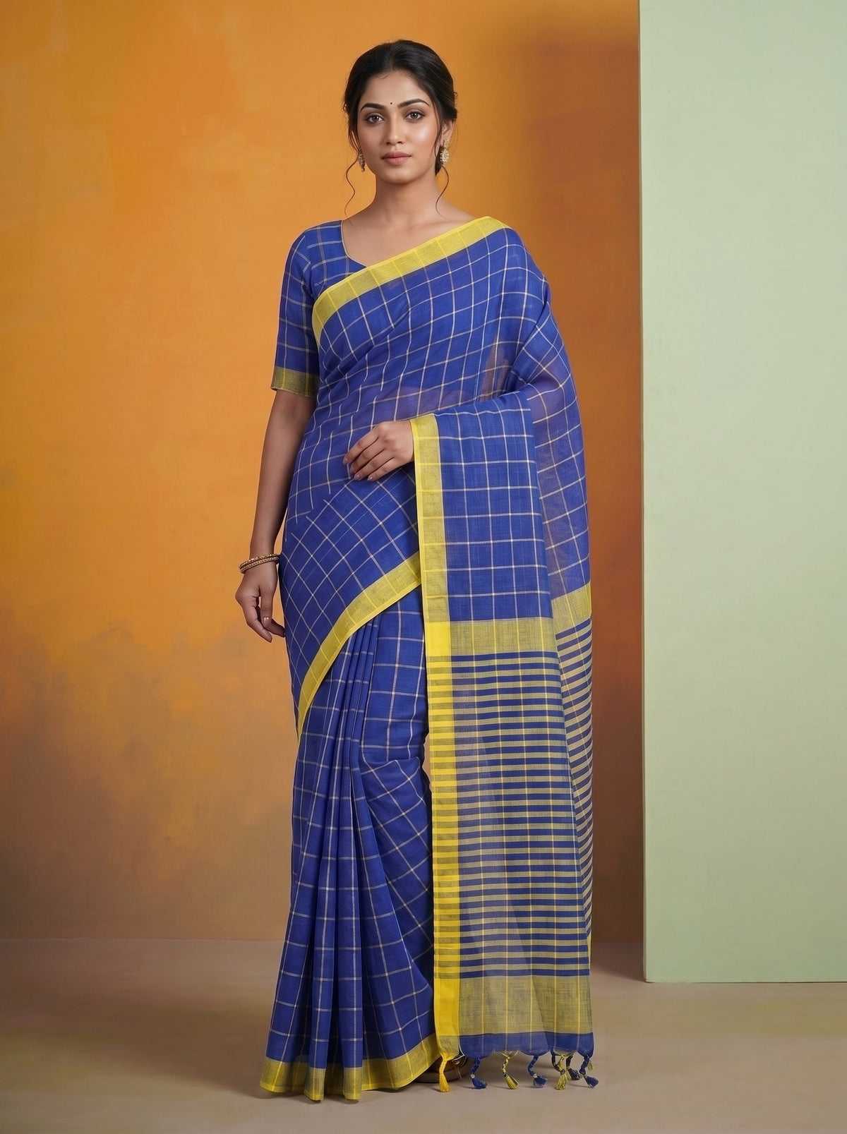 Mangalagiri 80 Count Handloom Cotton Saree - Blue and Yellow