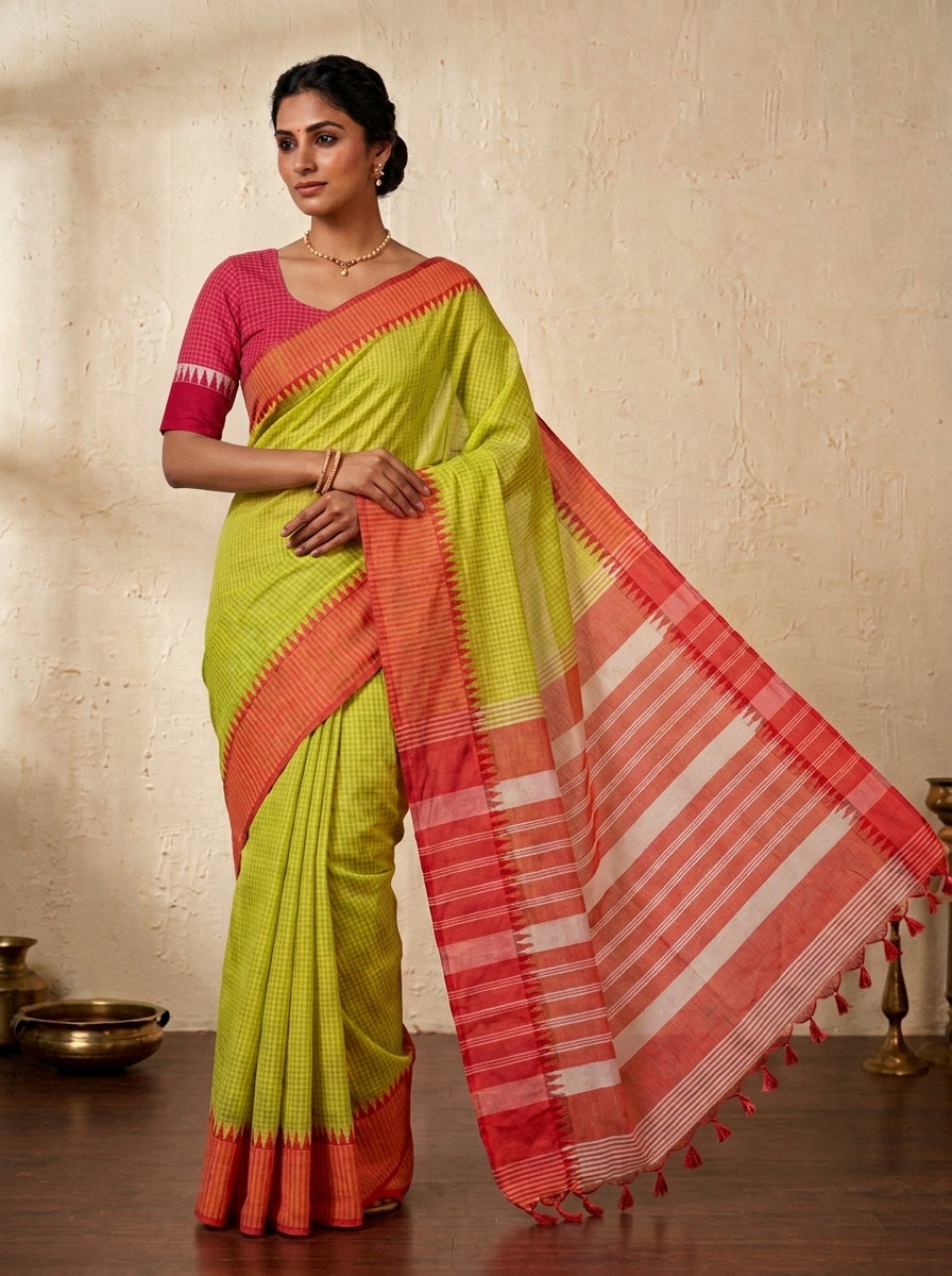 Mangalagiri 80 count Check Handloom Cotton Saree - Lemon Yellow