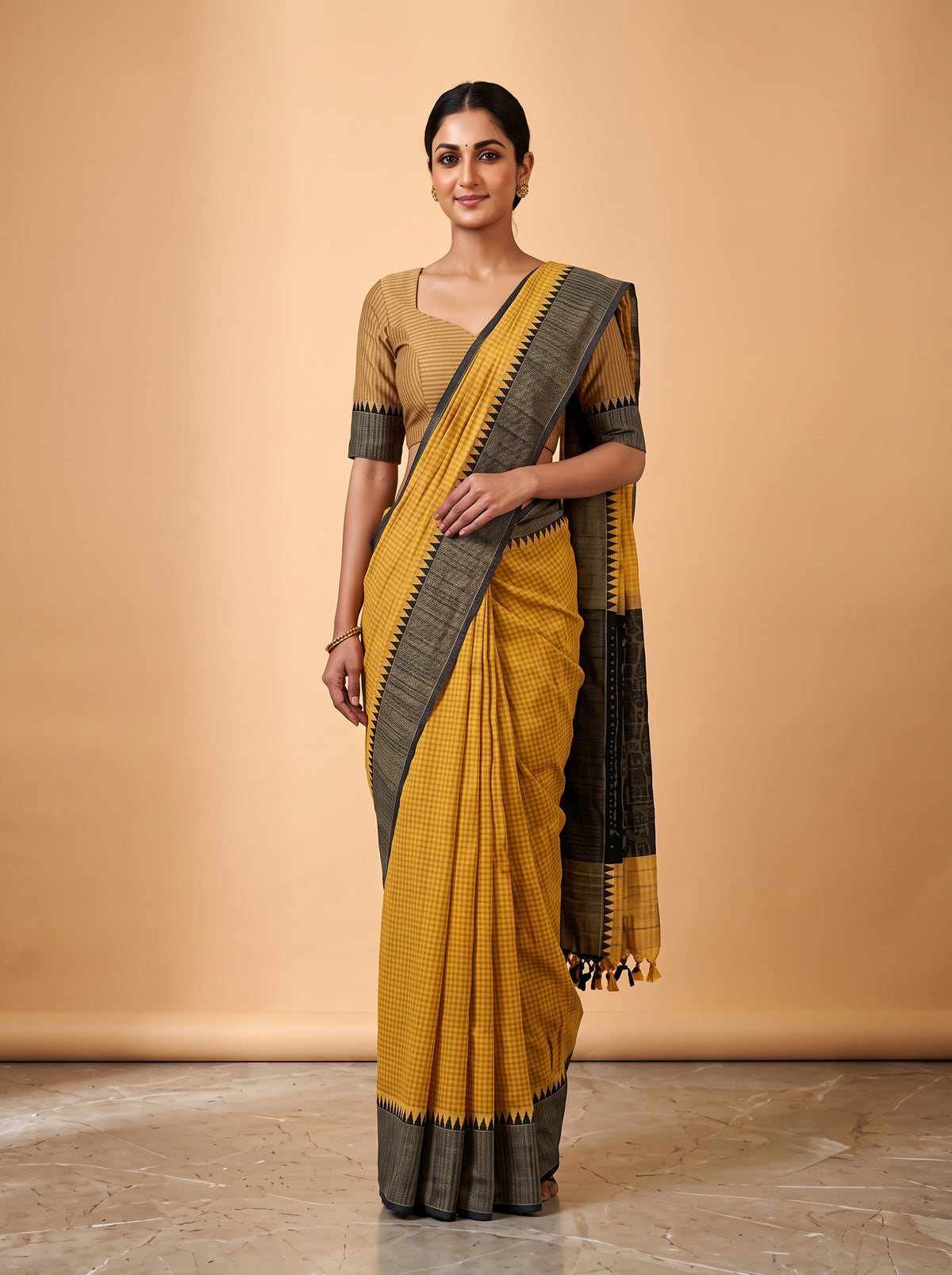 Mangalagiri 80 count Check Handloom Cotton Saree - Yellow and Black