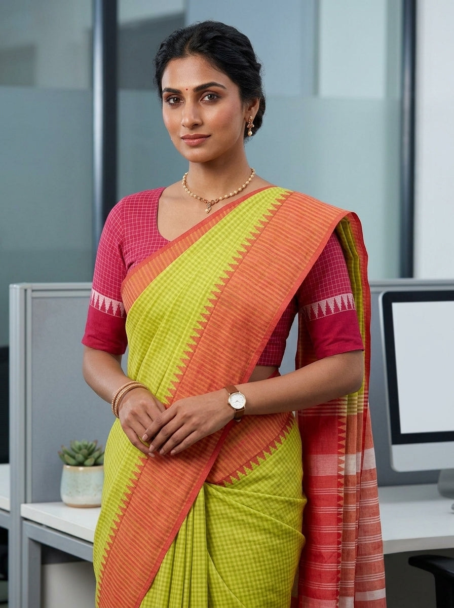 Mangalagiri 80 count Check Handloom Cotton Saree - Lemon Yellow