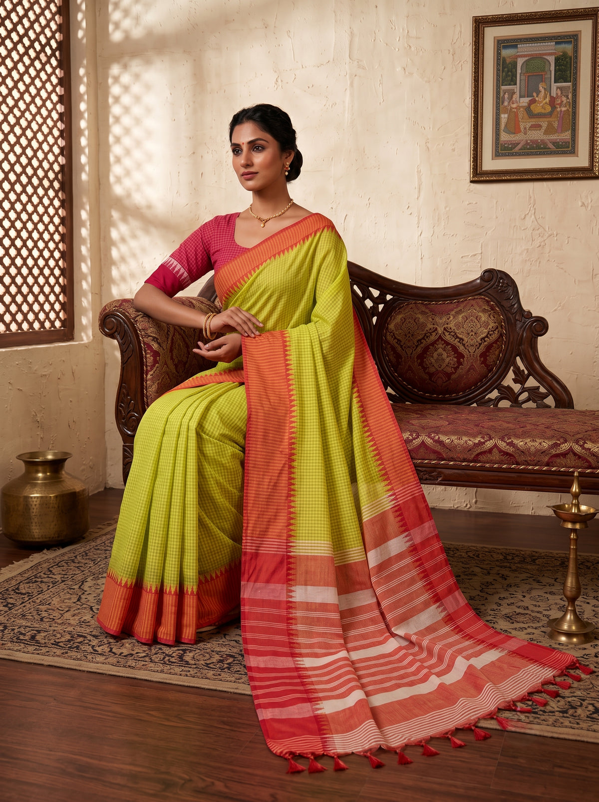 Mangalagiri 80 count Check Handloom Cotton Saree - Lemon Yellow