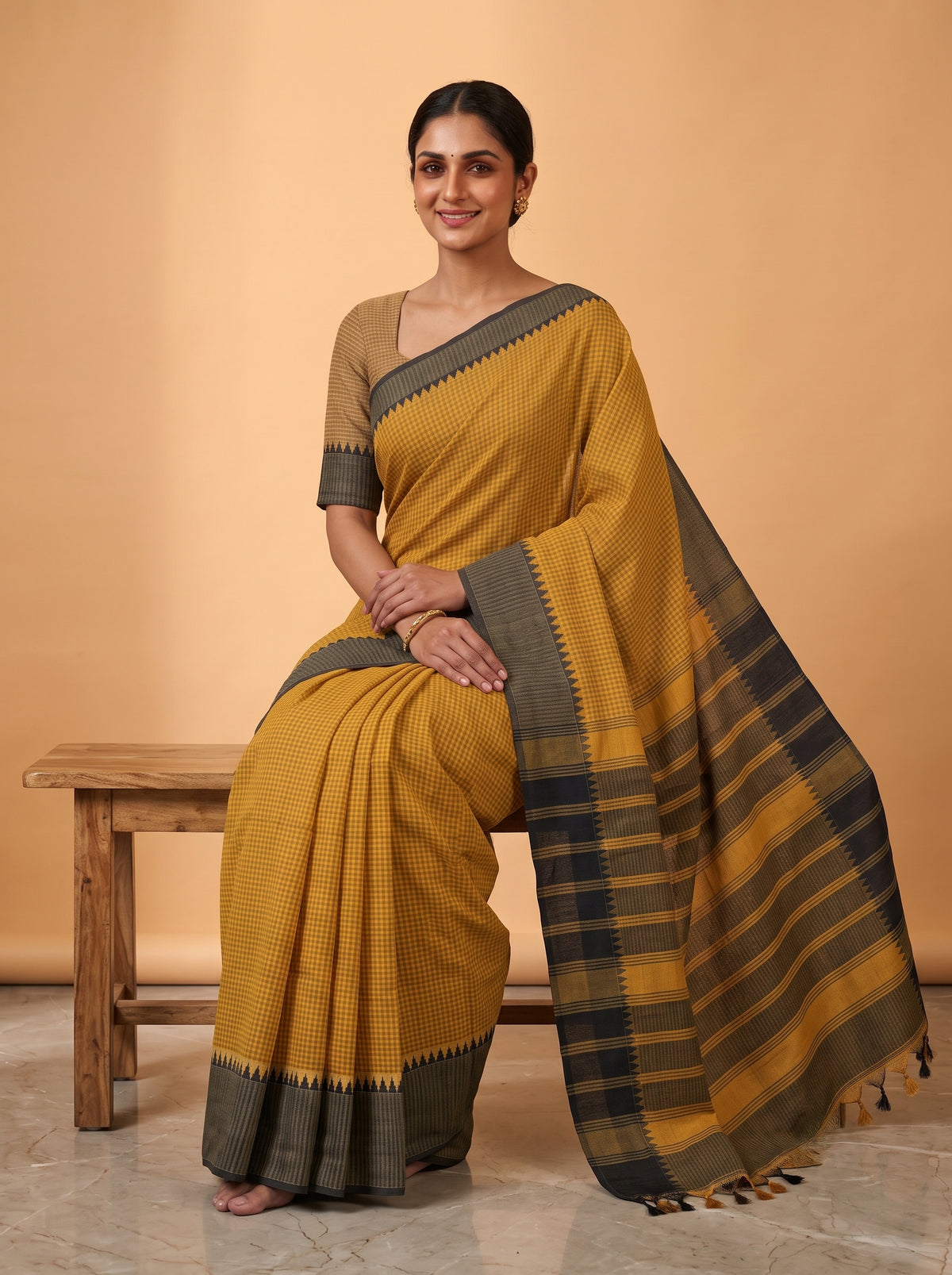 Mangalagiri 80 count Check Handloom Cotton Saree - Yellow and Black