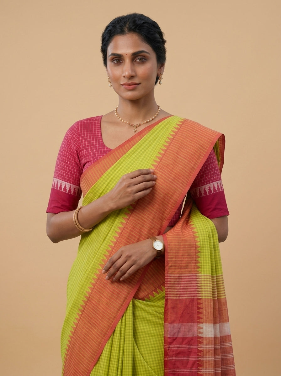 Mangalagiri 80 count Check Handloom Cotton Saree - Lemon Yellow