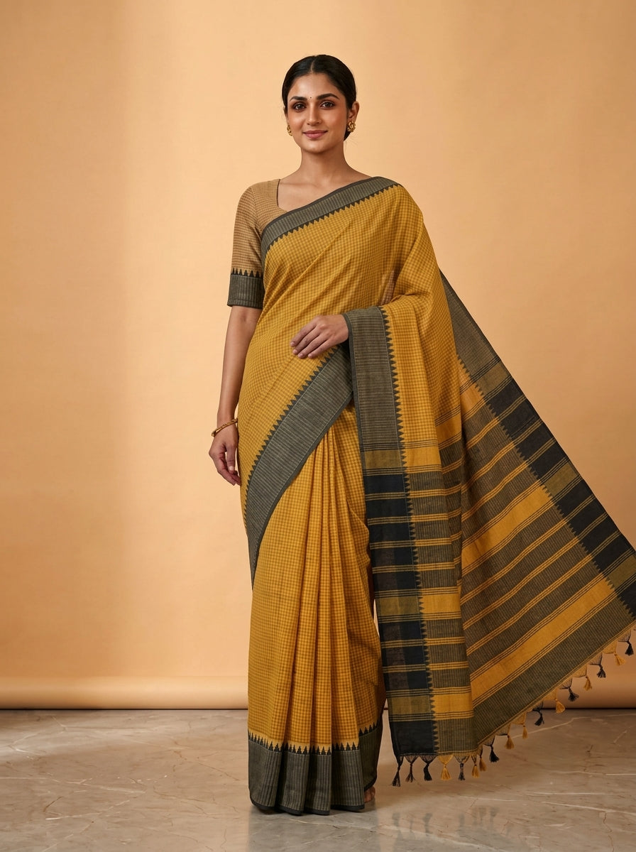 Mangalagiri 80 count Check Handloom Cotton Saree - Yellow and Black