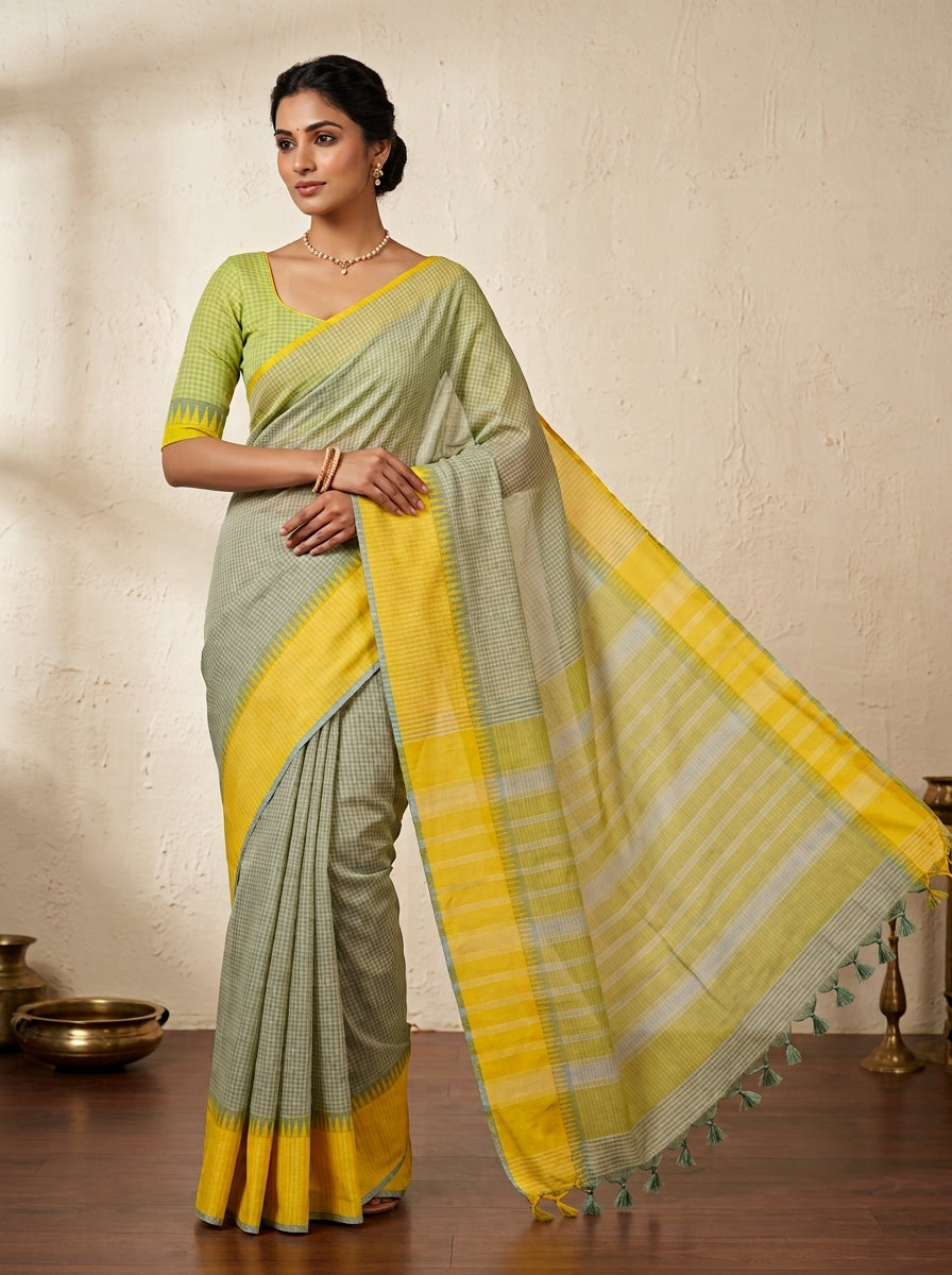 Mangalagiri 80 count Check Handloom Cotton Saree - Ash Grey