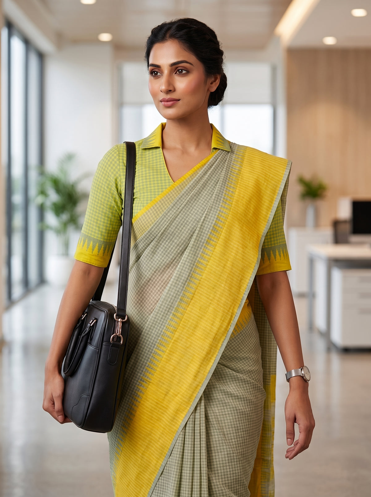 Mangalagiri 80 count Check Handloom Cotton Saree - Ash Grey
