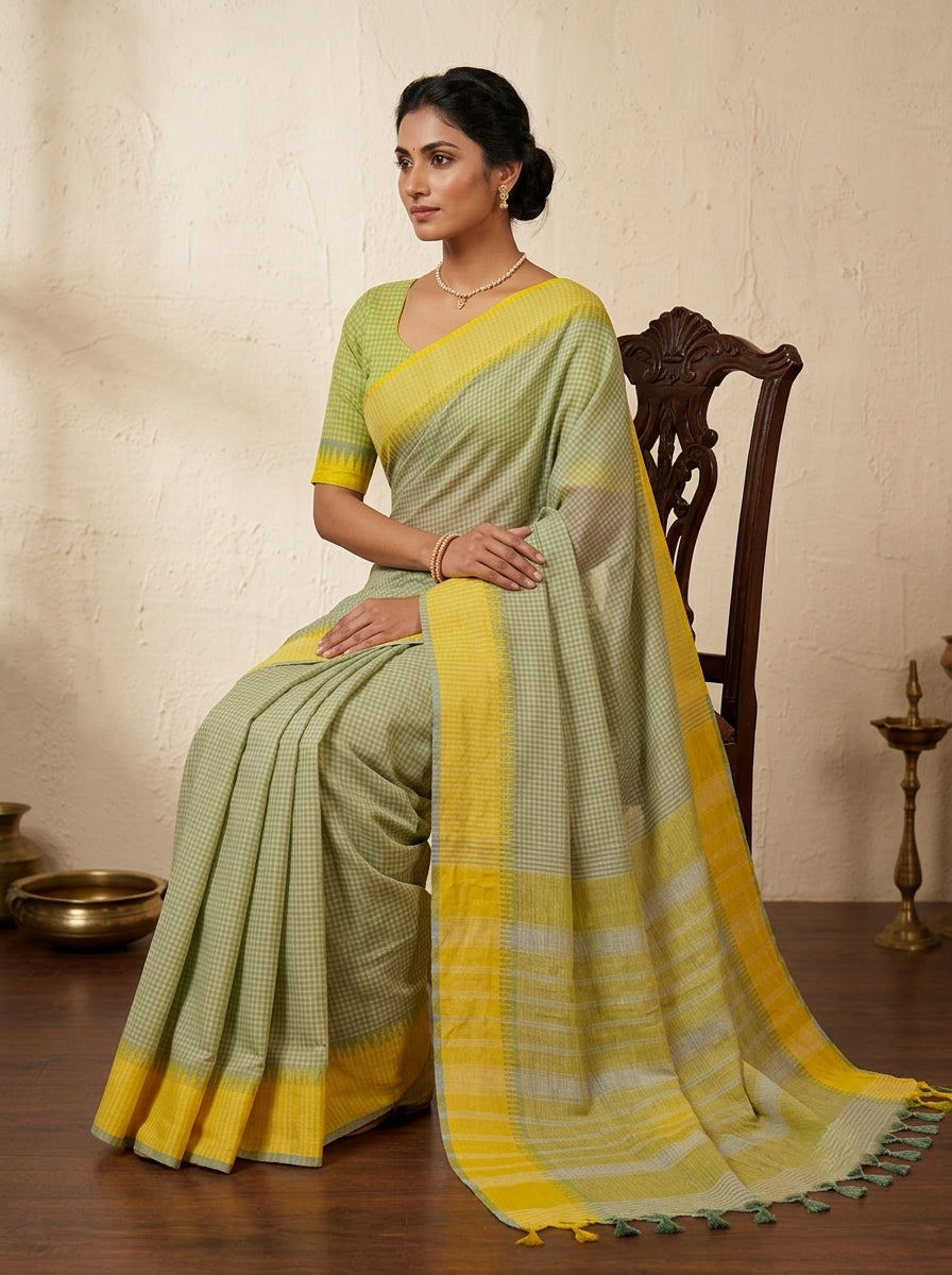 Mangalagiri 80 count Check Handloom Cotton Saree - Ash Grey