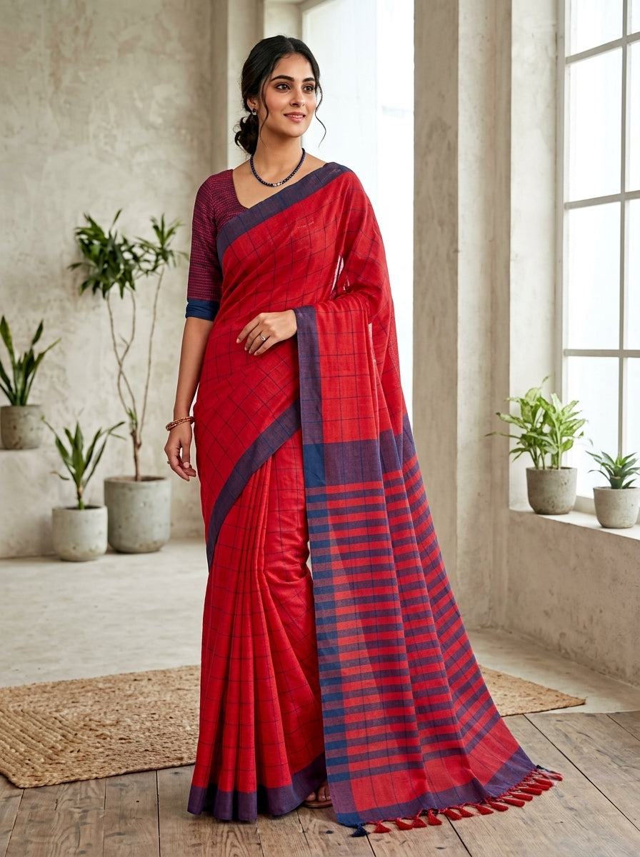 Mangalagiri 80 count Check Handloom Cotton Saree - Red and Blue