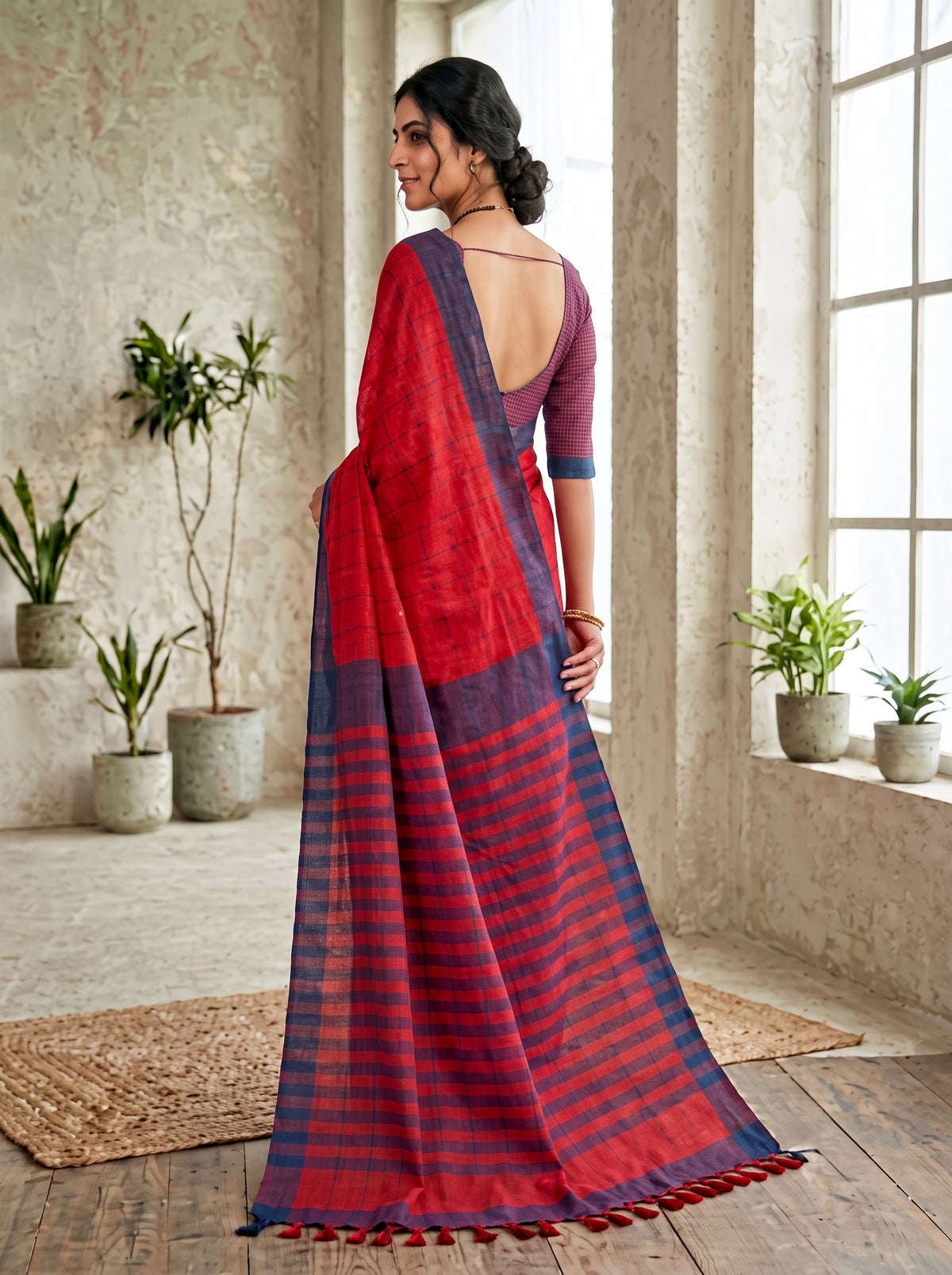 Mangalagiri 80 count Check Handloom Cotton Saree - Red and Blue