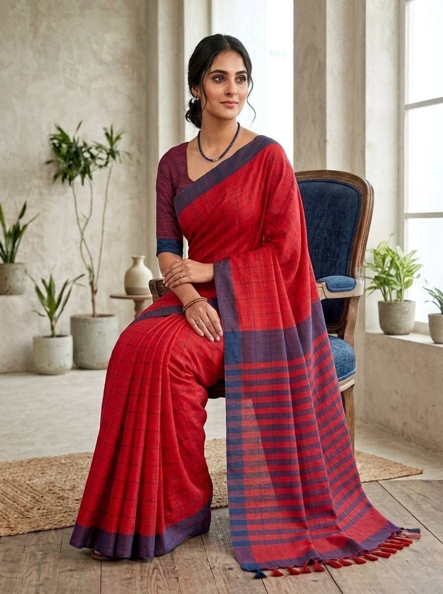 Mangalagiri 80 count Check Handloom Cotton Saree - Red and Blue