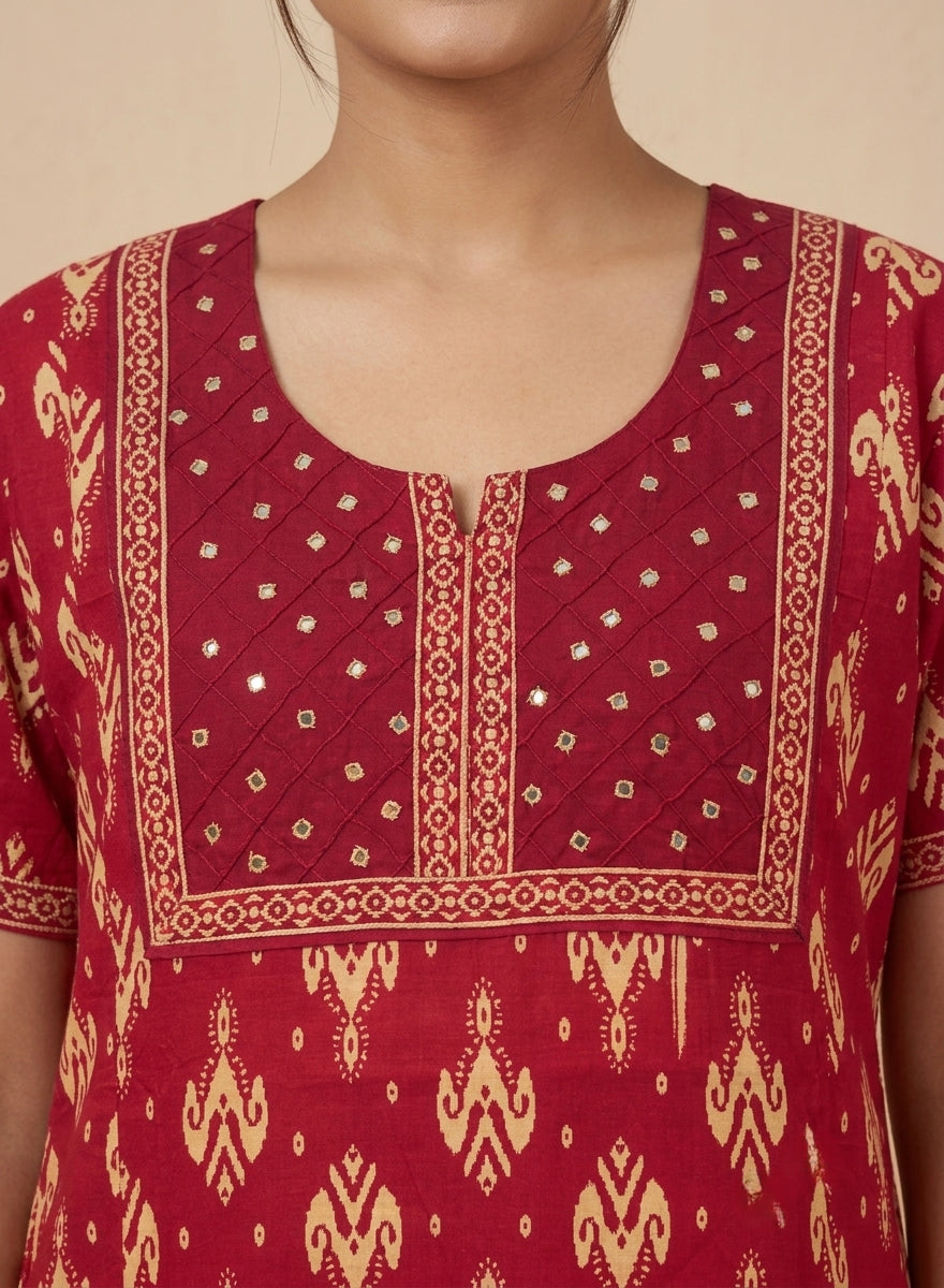 Maroon Ikat Print Cotton Nighty – Mirror Work Yoke