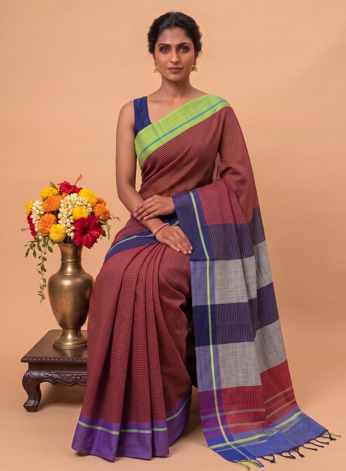 Maroon Patteda Anchu Handloom Cotton ganga jamuna border Saree – Green and Blue borders