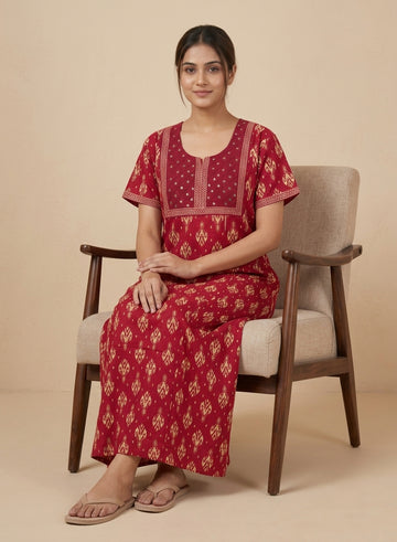 Maroon Ikat Print Cotton Nighty – Mirror Work Yoke