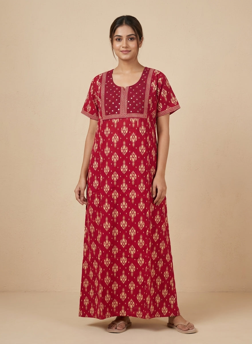 Maroon Ikat Print Cotton Nighty – Mirror Work Yoke