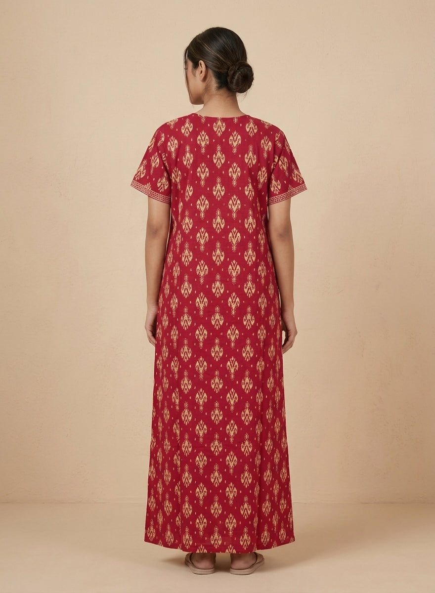 Maroon Ikat Print Cotton Nighty – Mirror Work Yoke