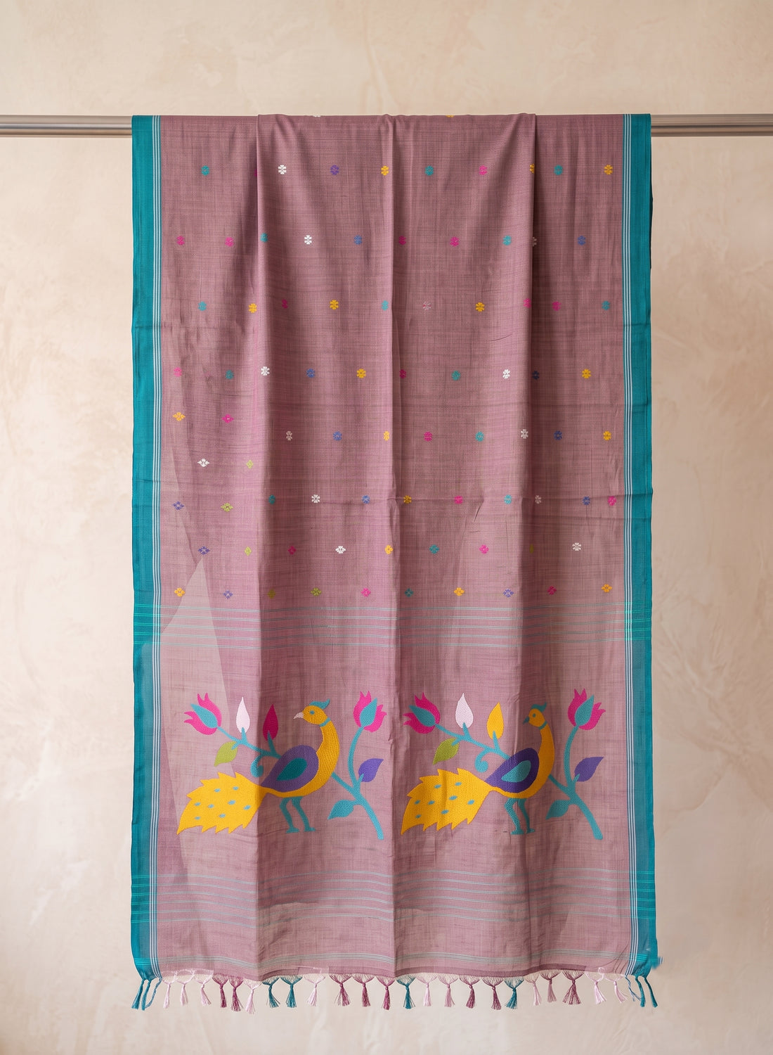 Mauve Mul Cotton Jamdani Saree | Peacock Floral Pallu | Teal Border