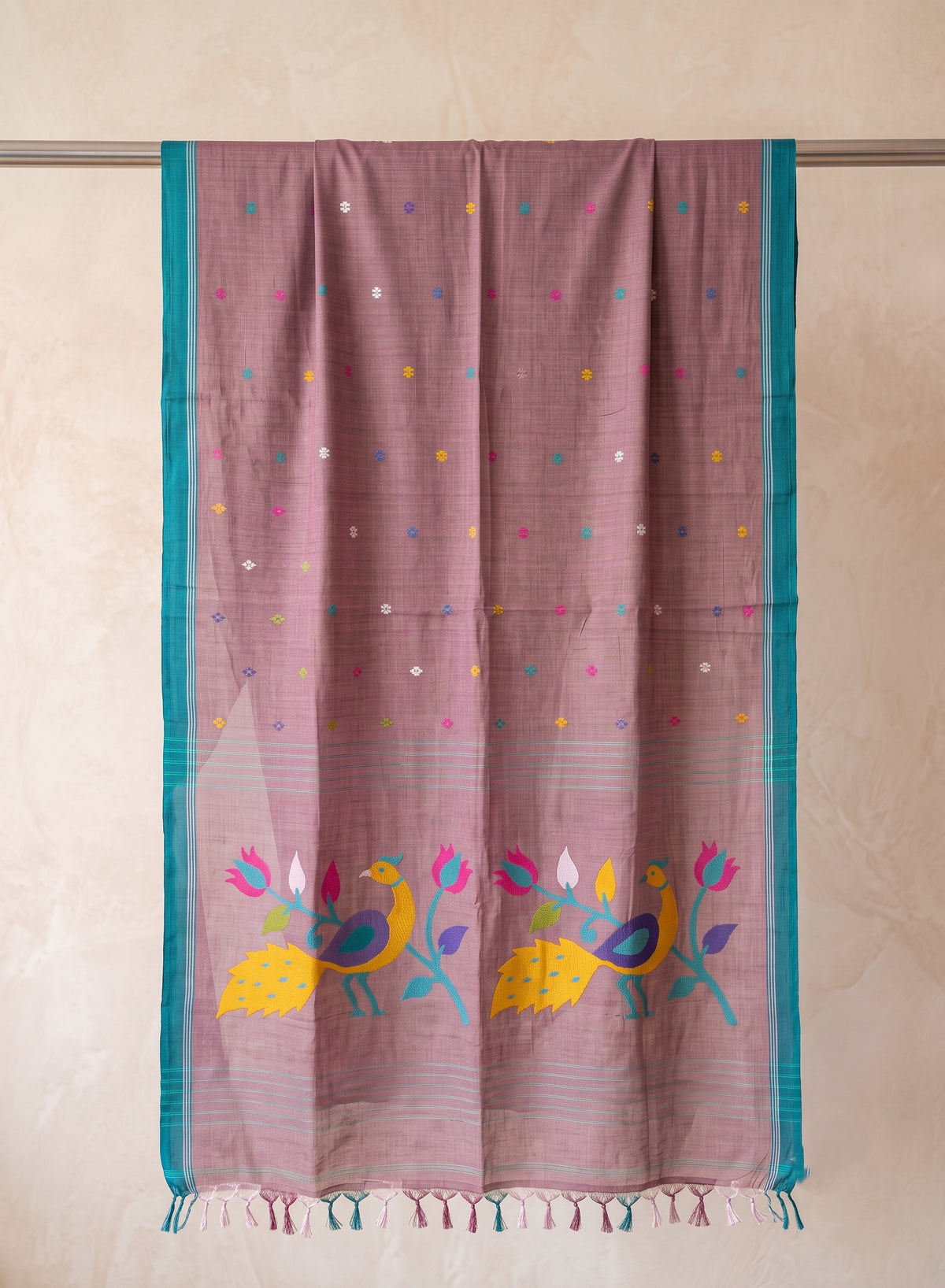Mauve Mul Cotton Jamdani Saree | Peacock Floral Pallu | Teal Border