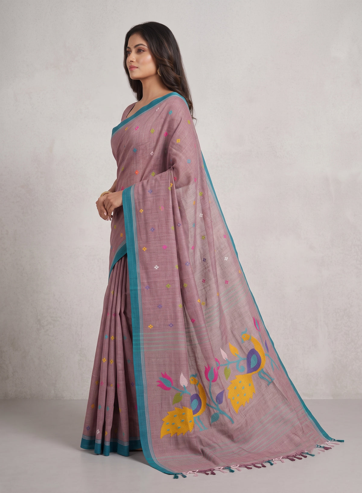 Mauve Mul Cotton Jamdani Saree | Peacock Floral Pallu | Teal Border