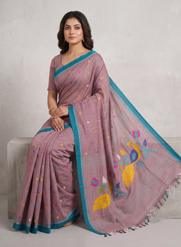 Mauve Mul Cotton Jamdani Saree | Peacock Floral Pallu | Teal Border