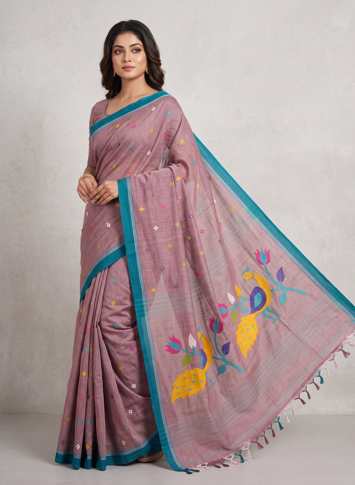 Mauve Mul Cotton Jamdani Saree | Peacock Floral Pallu | Teal Border