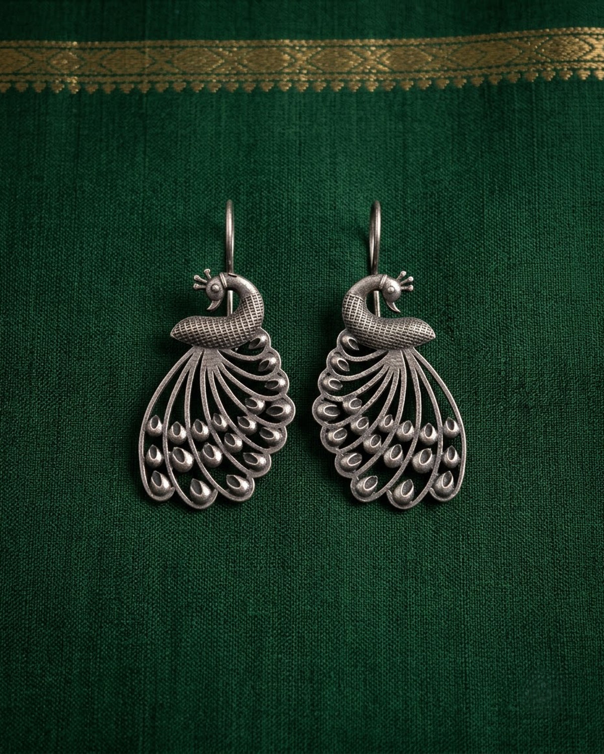 Mayura Oxidized Silver Peacock Drop Earrings