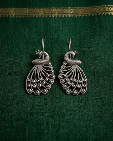 Mayura Oxidized Silver Peacock Drop Earrings