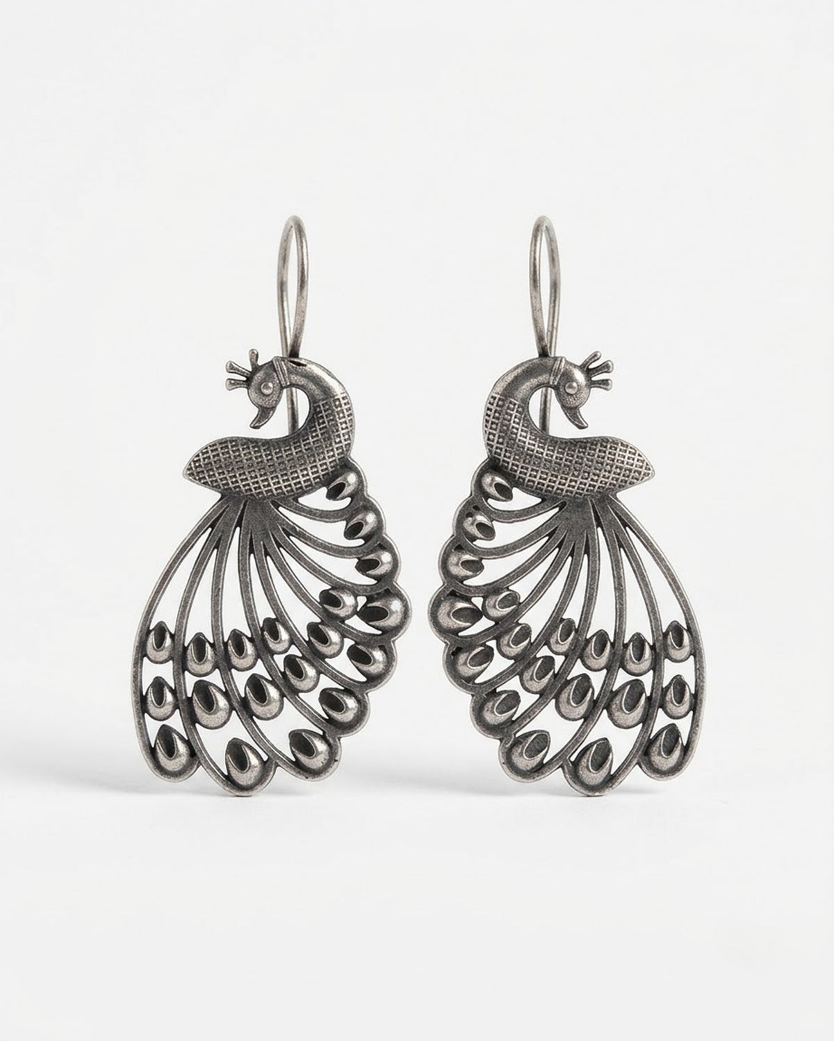 Mayura Oxidized Silver Peacock Drop Earrings