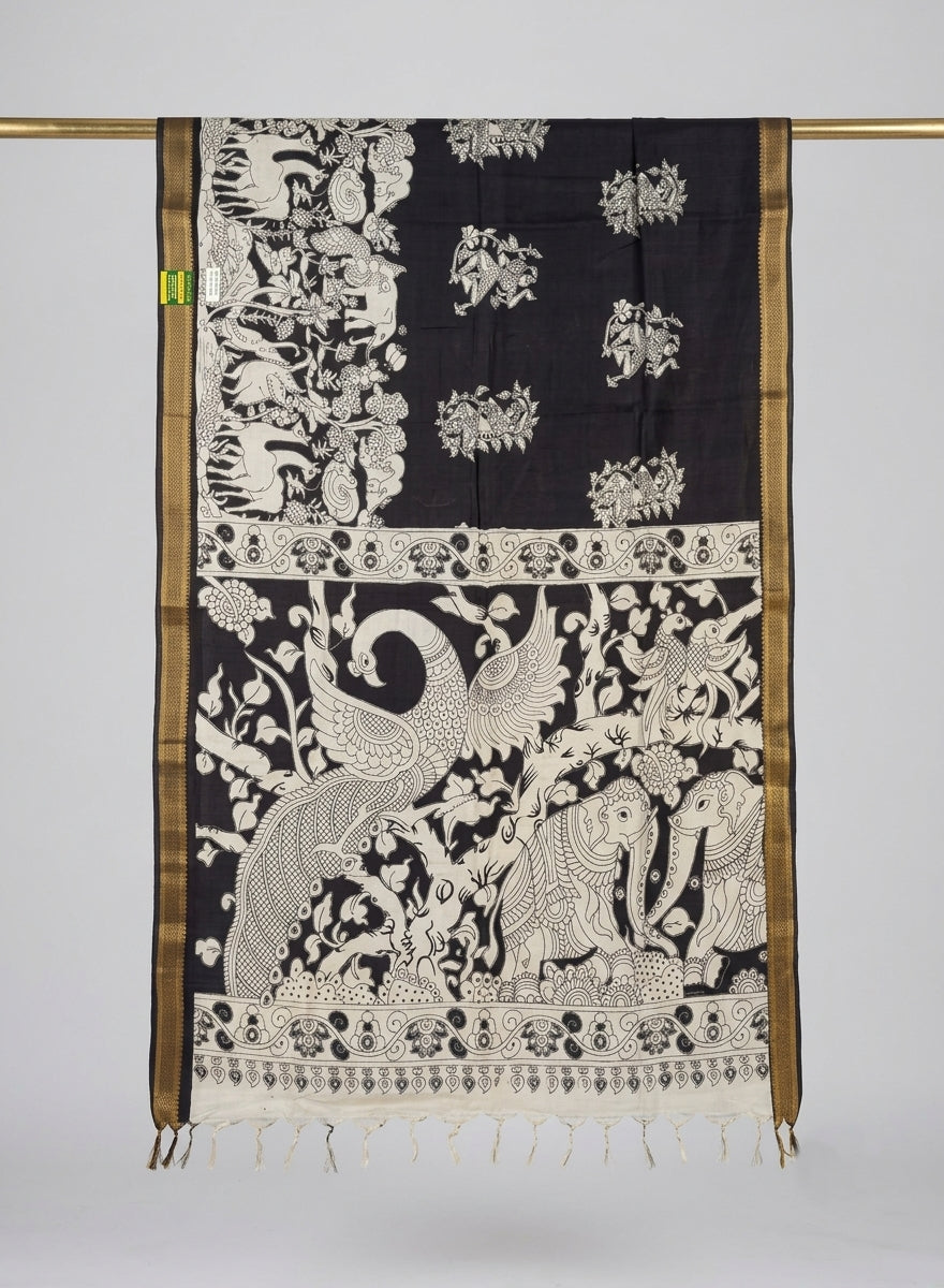 Mayuravana Black & White Chennur Silk Kalamkari Saree