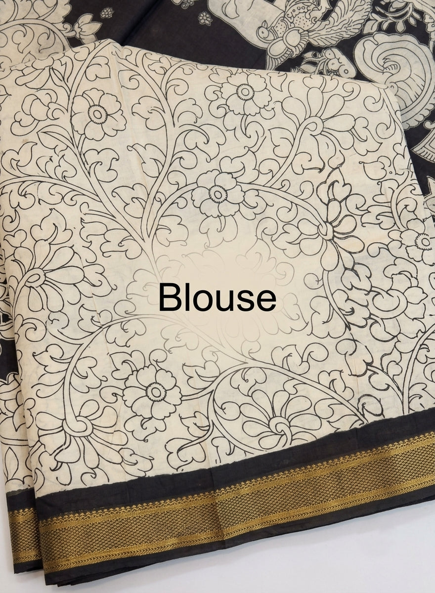 Mayuravana Black & White Chennur Silk Kalamkari Saree