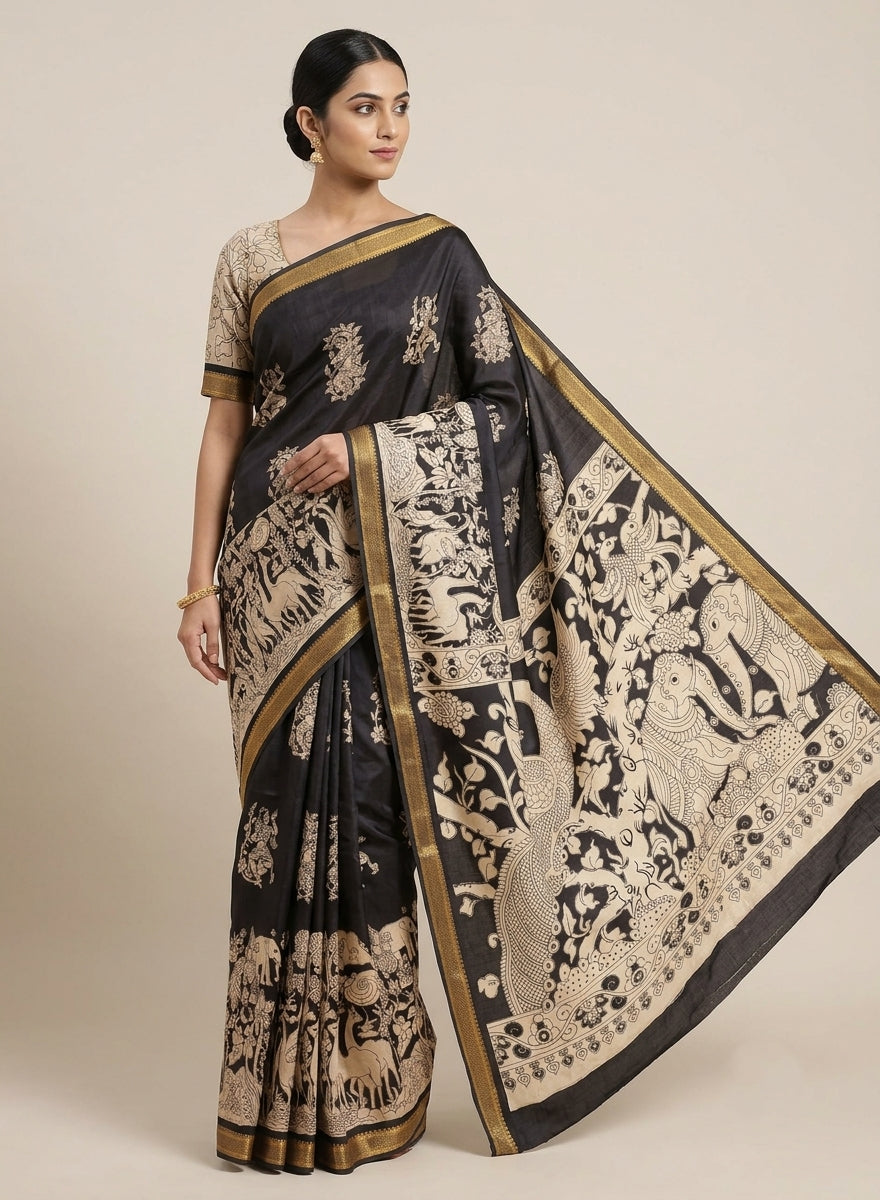 Mayuravana Black & White Chennur Silk Kalamkari Saree