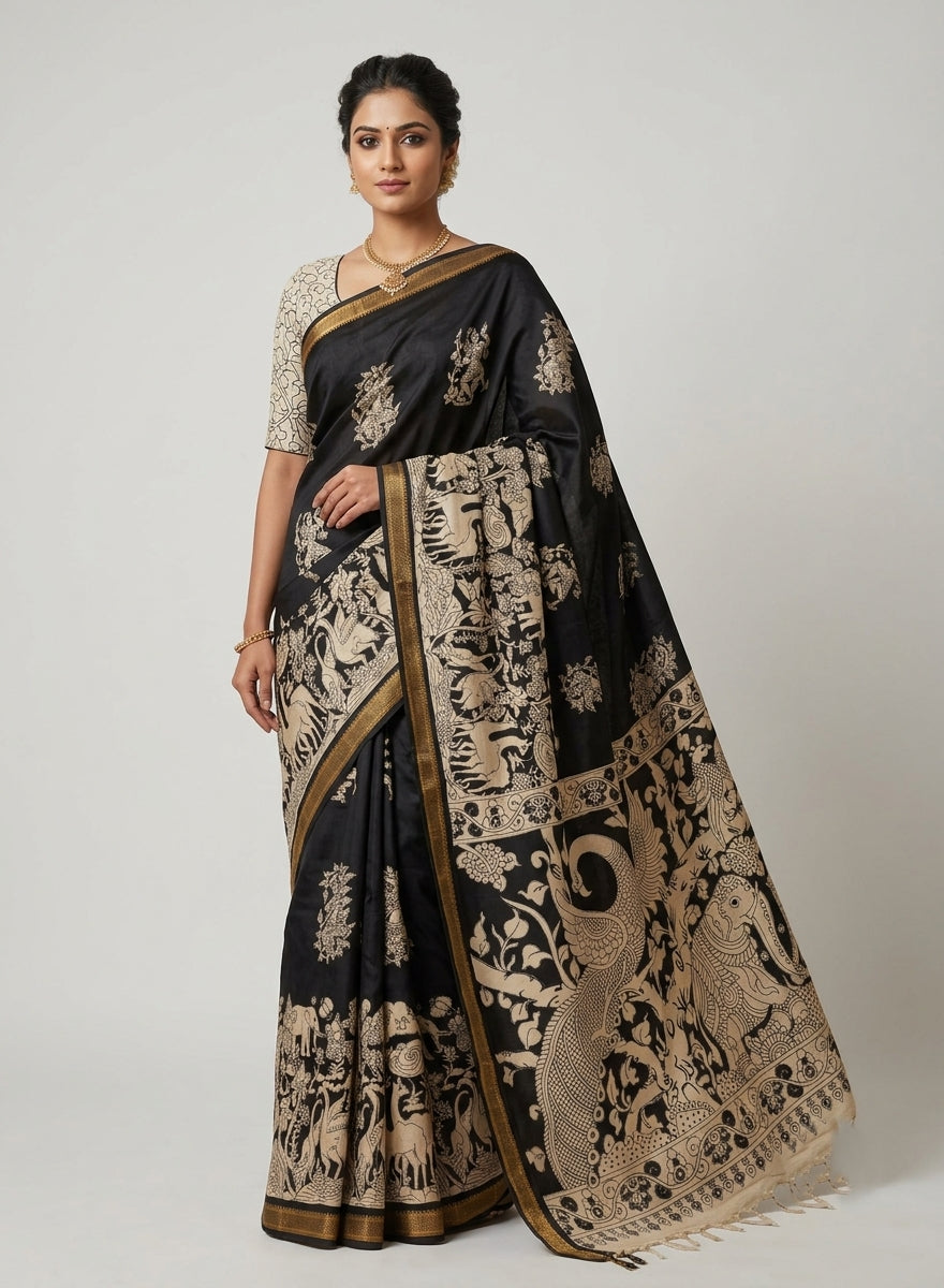 Mayuravana Black & White Chennur Silk Kalamkari Saree