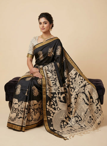 Mayuravana Black & White Chennur Silk Kalamkari Saree