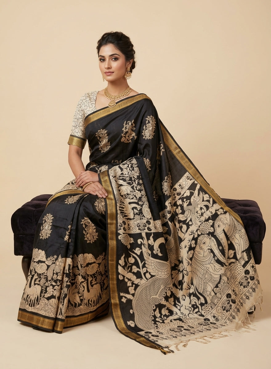 Mayuravana Black & White Chennur Silk Kalamkari Saree