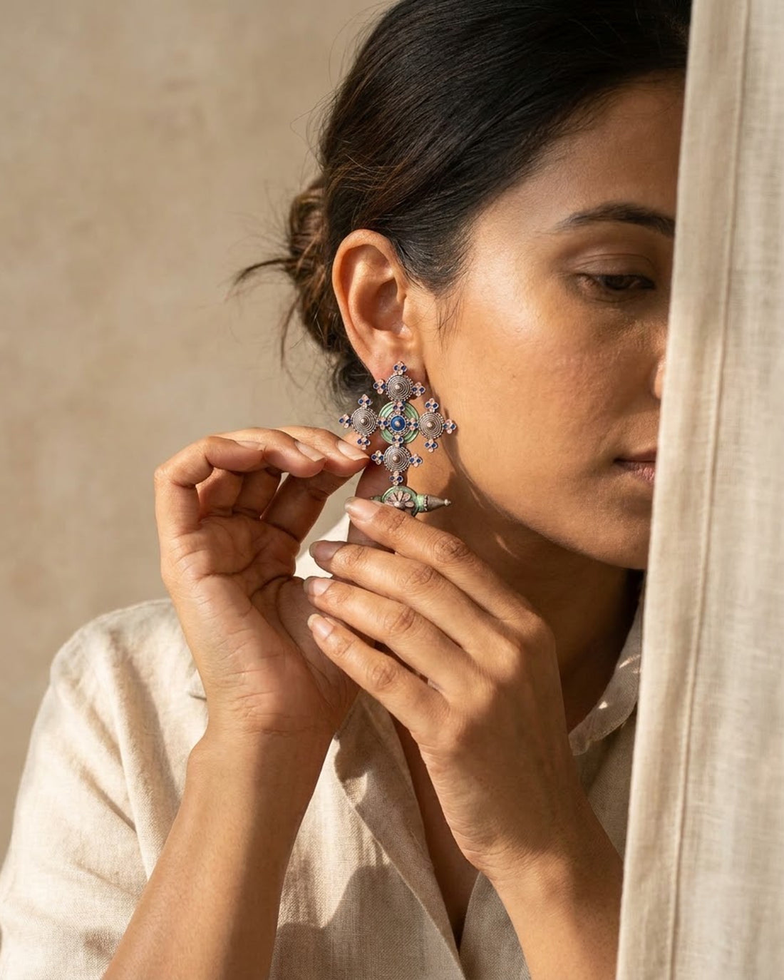 Meenaz Enamel Cross Drop Earring