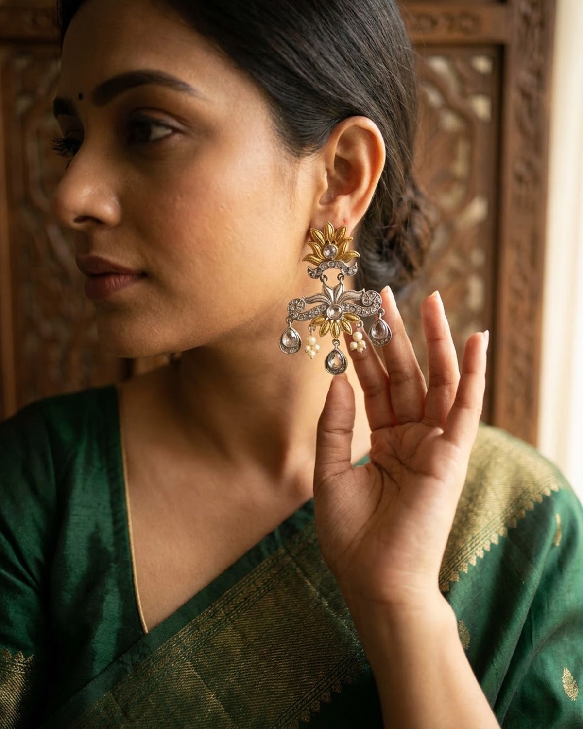Meera Antique Gold & Silver Chandelier Earrings