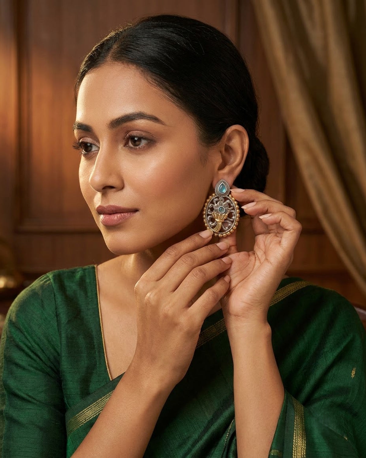 Meera Oxidized Silver-Gold Floral Drop Earrings