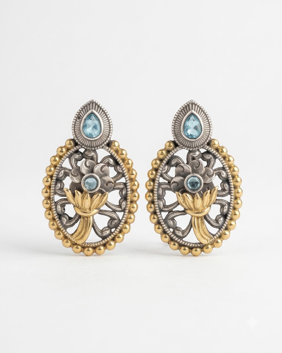 Meera Oxidized Silver-Gold Floral Drop Earrings