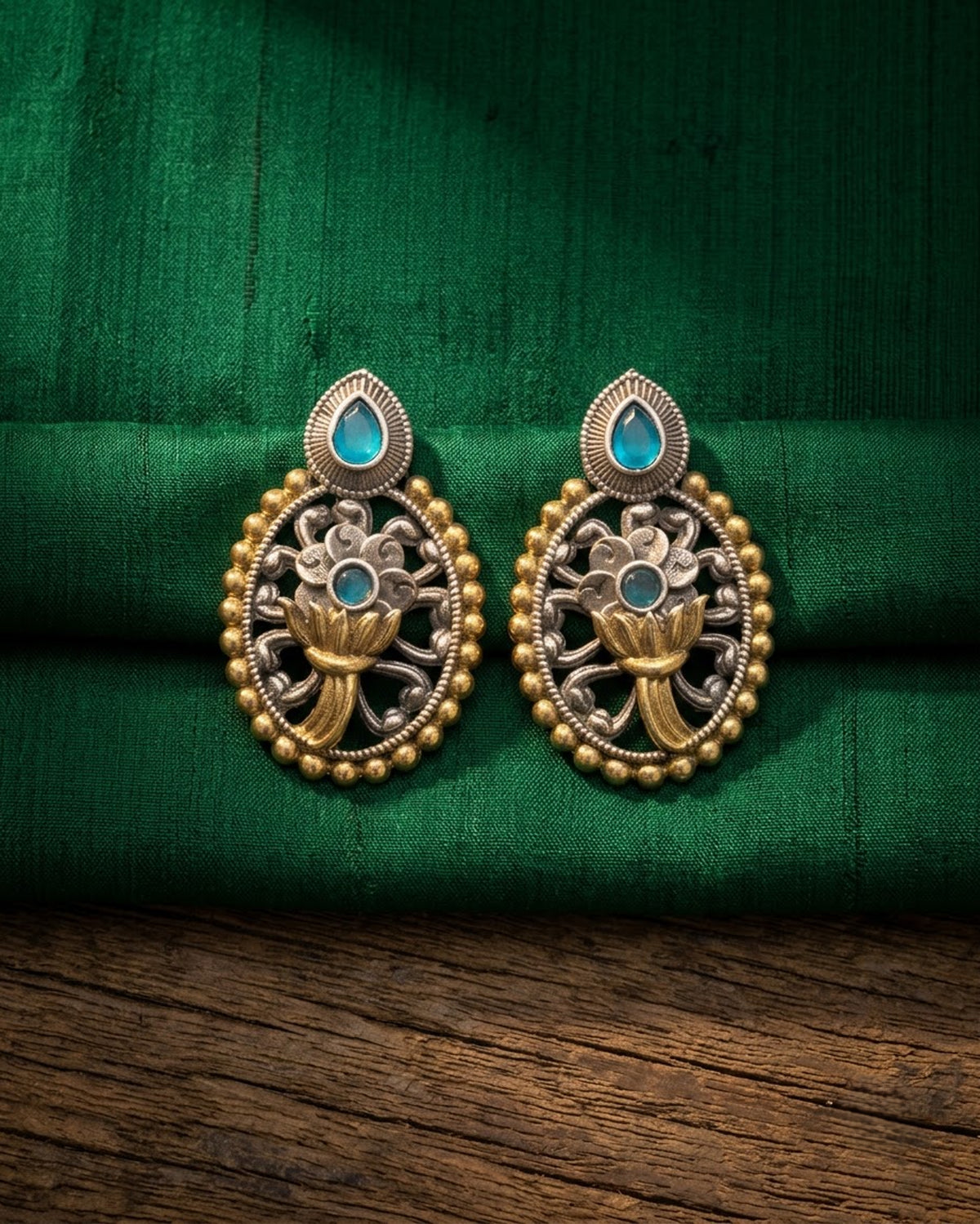 Meera Oxidized Silver-Gold Floral Drop Earrings