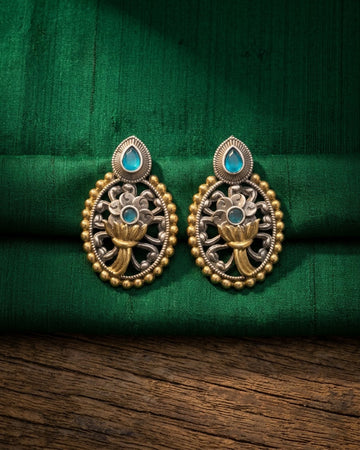 Meera Oxidized Silver-Gold Floral Drop Earrings